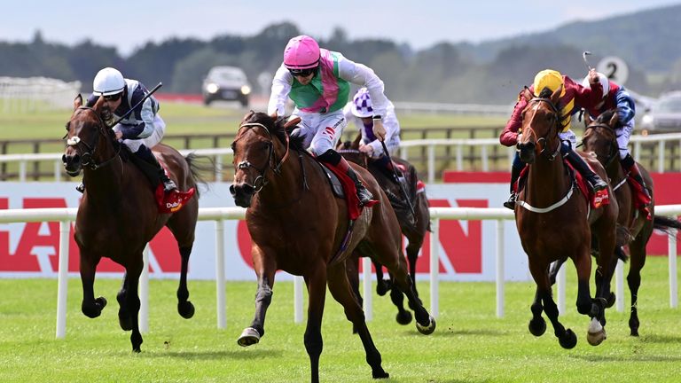 French Claim (gorra amarilla) persigue al ganador del Irish Derby Westover