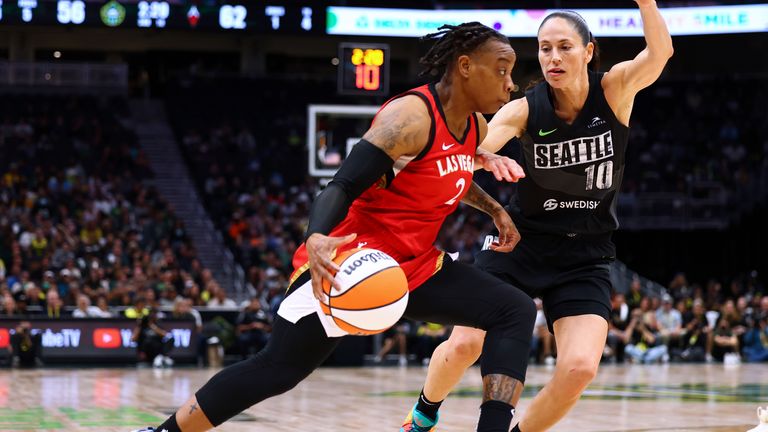 Las Vegas Aces guard Riquna Williams (2) drives against Seattle Storm guard Sue Bird (10) during the second half of Game 4 of a WNBA basketball playoffs semifinal Tuesday, Sept. 6, 2022, in Seattle. The Aces won 97-92 to advance to the finals. (AP Photo/Lindsey Wasson)
