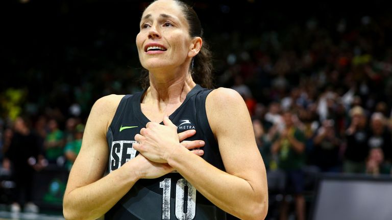Seattle Storm guard Sue Bird reacts to fans chanting &#34;Thank you Sue&#34; after the Storm were eliminated from the playoffs with a loss in Game 4 of a WNBA basketball playoff semifinal to the Las Vegas Aces, Tuesday, Sept. 6, 2022, in Seattle. (AP Photo/Lindsey Wasson)