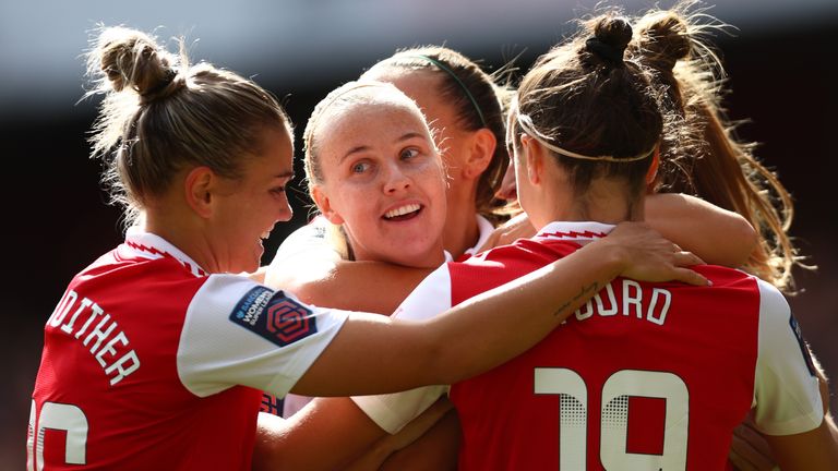 Beth Mead is mobbed by her team-mates after opening the scoring for Arsenal