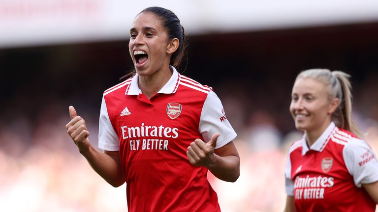 Rafaelle Souza celebrates after heading Arsenal 3-0 in front against Tottenham