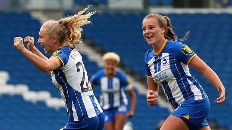 Katie Robinson celebrates after doubling Brighton's lead against Reading