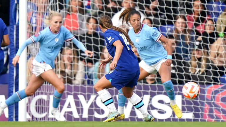 Fran Kirby slots home Chelsea's opening goal against Manchester City