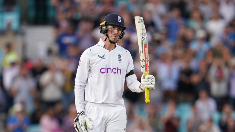 England&#39;s Zak Crawley raises his bat after scoring a half century on day four of the third LV= Insurance Test match at the Kia Oval, London. Picture date: Sunday September 11, 2022.