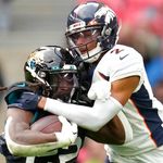 London, UK. 30th Oct, 2022. Jacksonville Jaguars Tight End Evan Engram  celebrates a touchdown in their match against Denver Broncos in the NFL  International Series game at Wembley in London on Sunday