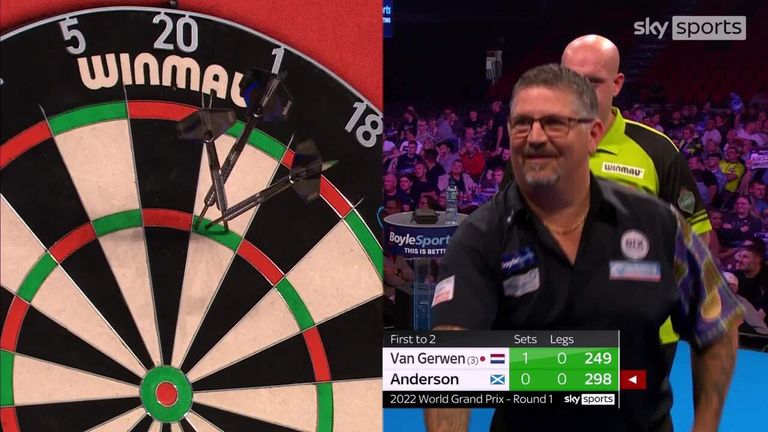 Anderson could help but smile after scoring just nine in his convincing loss to Van Gerwen.