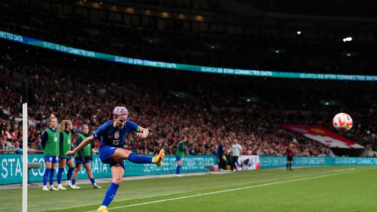 USA&#39;s Megan Rapinoe taking a corner kick during the international friendly match at Wembley Stadium, London. Picture date: Friday October 7, 2022.