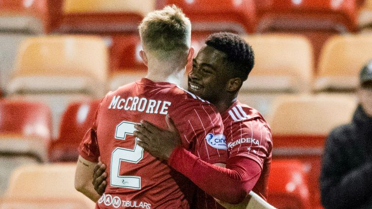 Aberdeen's Luis Lopes celebrates scoring to make it 1-0 during a Premier Sports Cup match between Aberdeen and Partick Thistle at Pittodrie