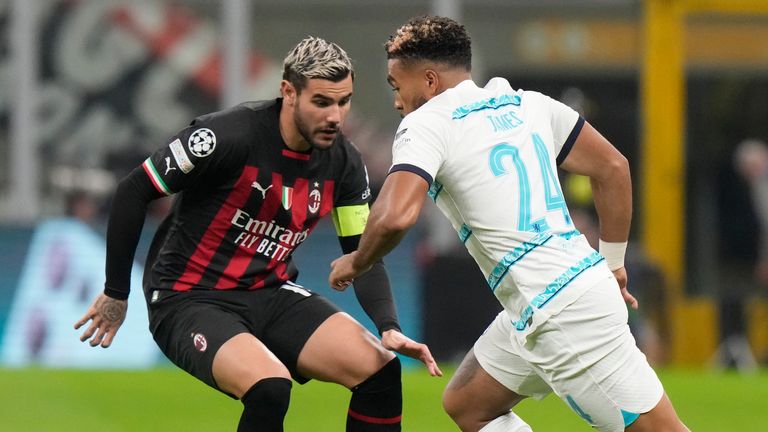 AC Milan&#39;s Brahim Diaz fights for the ball with Chelsea&#39;s Reece James
