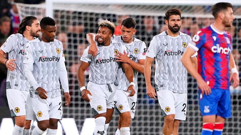 Adama Traore celebrates giving Wolves the lead at Crystal Palace