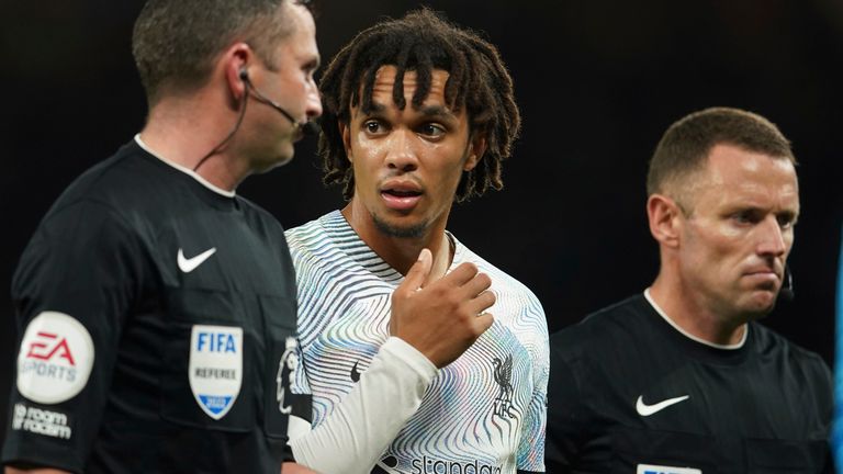 Alexander-Arnold argues with referee Michael Oliver