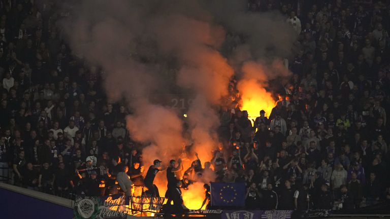 Anderlecht fans let off flares in the stand during the UEFA Conference League group B match at London Stadium, London