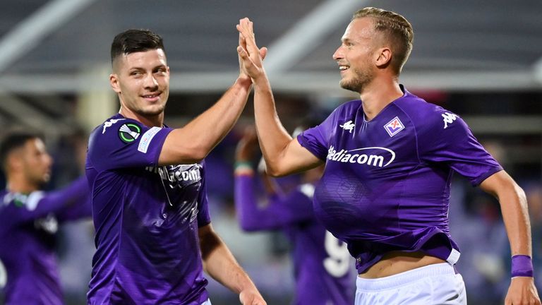 Fiorentina's Antonin Barak, right, celebrates after scoring his side's fourth goal 