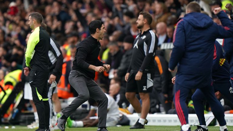 Mikel Arteta celebrates in his typical exuberant style at full-time