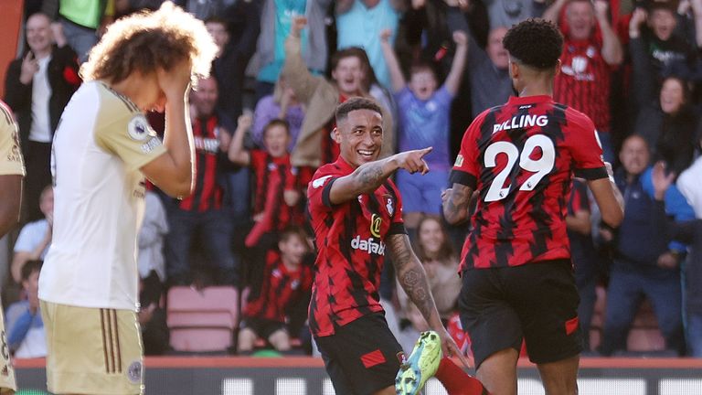 Phillip Billing celebrates with Marcus Tavernier after putting Bournemouth in front against Leicester