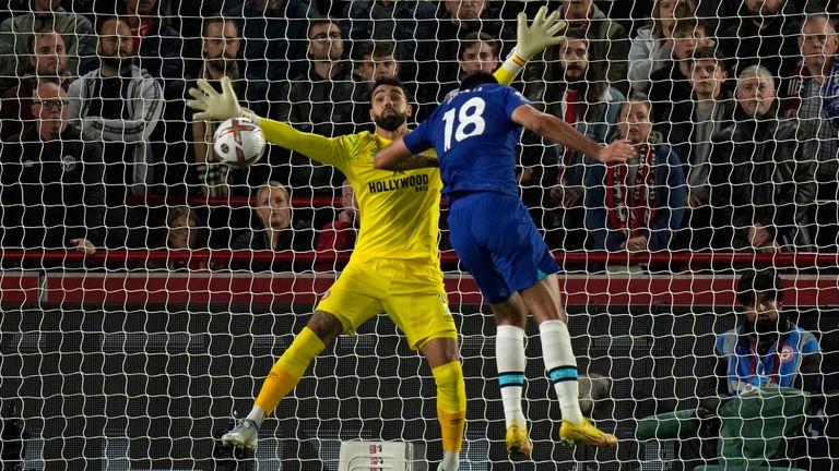 Chelsea's Armando Broja, right, attempts a head at goal
