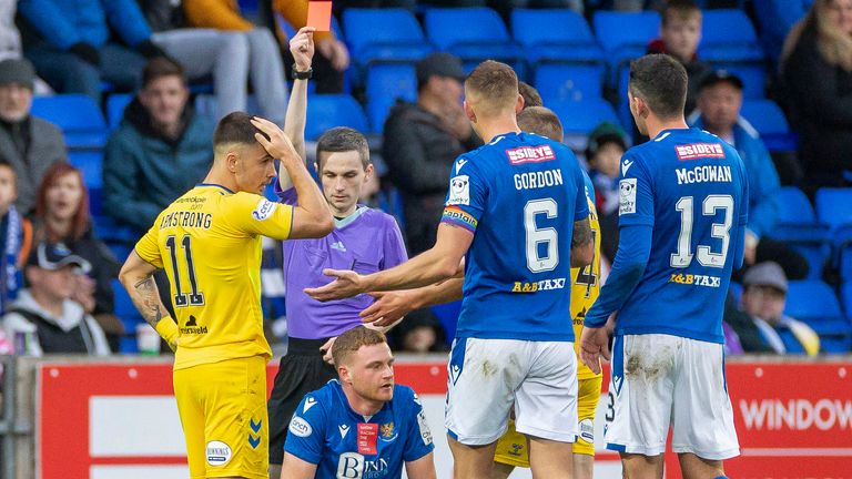 PERTH, SCOTLAND - OCTOBER 29: St Johnstone's James brown is shown a red card during a cinch Premiership match between St Johnstone and Kilmarnock at McDiarmid Park, on October 29, 2022, in Perth, Scotland.  (Photo by Roddy Scott / SNS Group)
