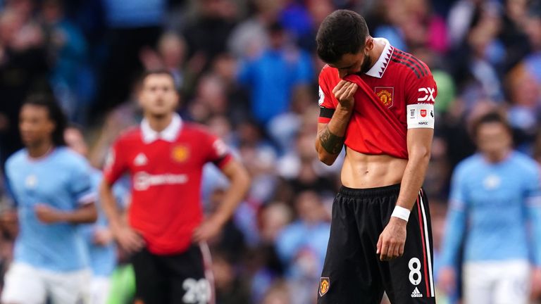 Bruno Fernandes cuts a dejected figure during the heavy defeat to Man City