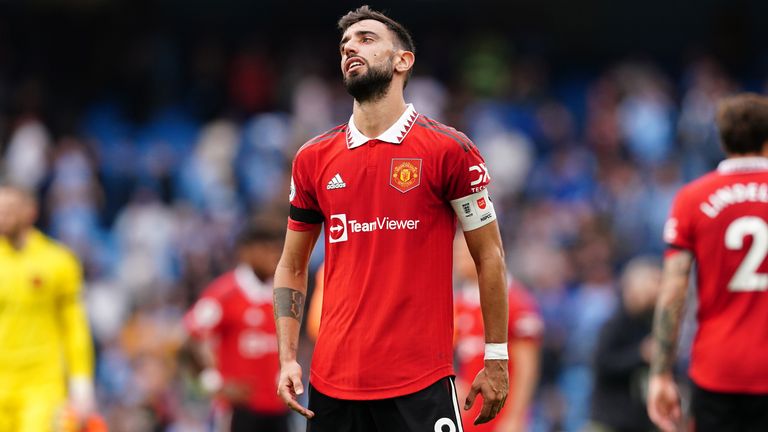 Bruno Fernandes reacts after the 6-3 loss in the derby against Man City