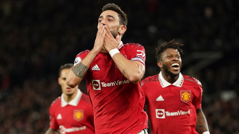 Manchester United's Bruno Fernandes celebrates after scoring his team's second goal