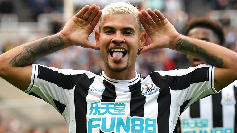 Newcastle United&#39;s Bruno Guimaraes celebrates scoring their side&#39;s third goal of the game during the Premier League match at St James&#39; Park, Newcastle upon Tyne. Picture date: Saturday October 8, 2022.