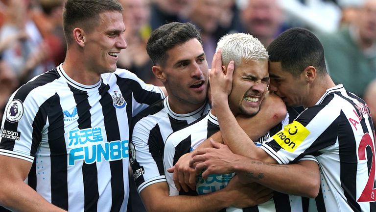 Newcastle United's Bruno Guimaraes (second right) celebrates scoring their side's third goal of the game with team-mates during the Premier League match at St James' Park, Newcastle upon Tyne. Picture date: Saturday October 8, 2022.