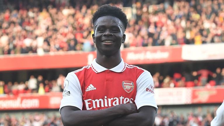 Bukayo Saka strikes a pose after giving Arsenal a 2-1 lead against Liverpool