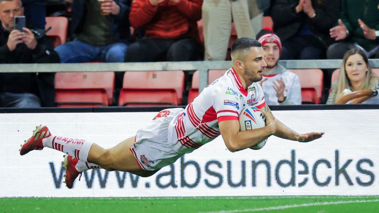 Picture by Alex Whitehead/SWpix.com - 02/10/2022 - Rugby League - Betfred Championship Grand Final - Leigh Centurions vs Batley Bulldogs - Leigh Sports Village, Leigh, England - Leigh’s Caleb Aekins scores a try.