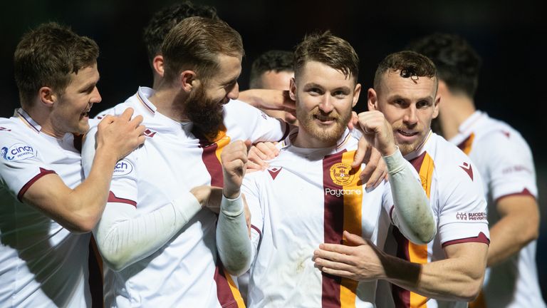 DINGWALL, SCOTLAND - OCTOBER 04: Motherwell&#39;s Callum Slattery celebrates after making it 2-0 during a cinch Premiership match between Ross County and Motherwell at the Global Energy Stadium, on October 04, 2022, in Dingwall, Scotland. (Photo by Mark Scates / SNS Group)