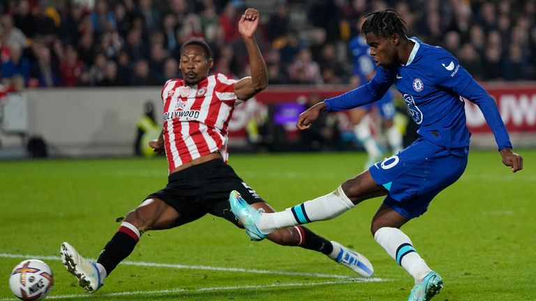 Chelsea&#39;s Carney Chukwuemeka fires a low effort at goal