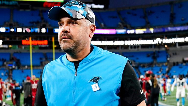 Carolina Panthers head coach Matt Rhule leaves the field after their loss against the Arizona Cardinals during an NFL football game on Sunday, Oct. 2, 2022, in Charlotte, N.C. (AP Photo/Jacob Kupferman)