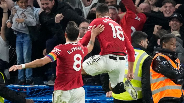 Casemiro celebrates his late equalizer at Stamford Bridge