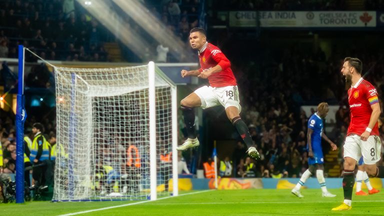 Casemiro celebrates his header which earned Manchester United a late point at Chelsea