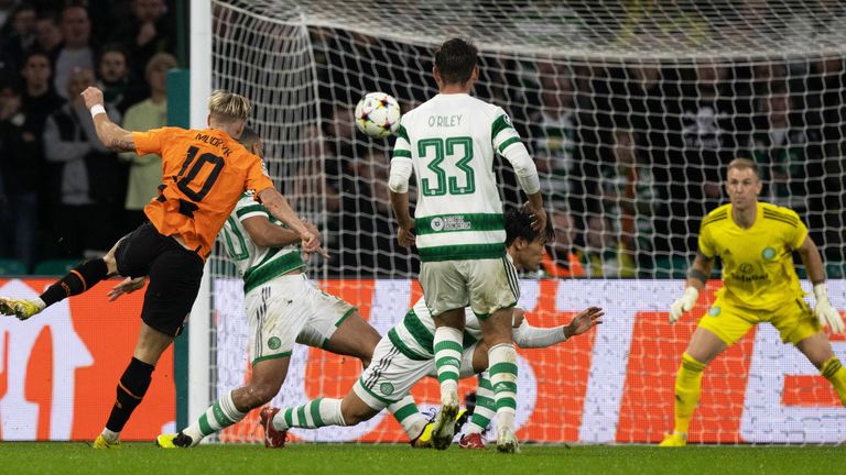 Shakhtar Donetsk’s Mykhaylo Mudryk scores vs Celtic