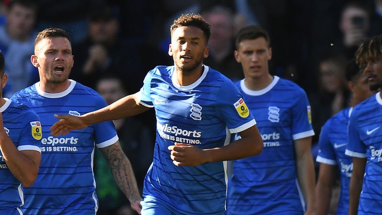 Austin Trusty is congratulated after opening the scoring for Birmingham against Bristol City