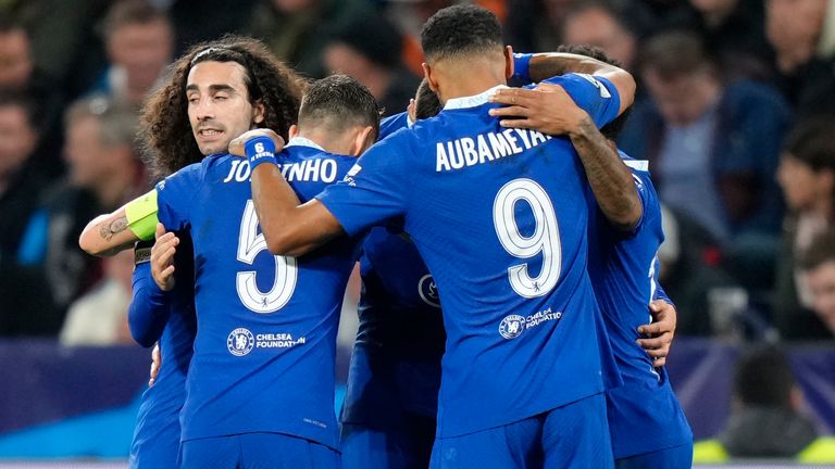 Chelsea&#39;s players celebrate their side&#39;s second goal against RB Salzburg
