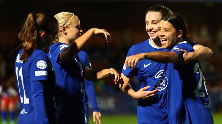 Sam Kerr celebrates with team-mates during Chelsea&#39;s convincing victory
