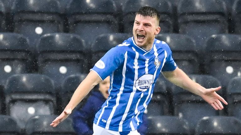 Chris Stokes makes it 1-0 during a cinch Premiership match between Kilmarnock and Hearts at Rugby Park