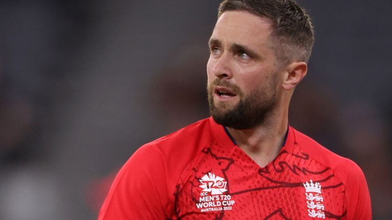 Chris Woakes in action for England against Afghanistan in their opening pool match of the 2022 Men's T20 World Cup