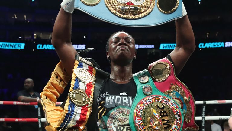 Claressa Shields celebrates her win. PIC: LAWRENCE LUSTIG.