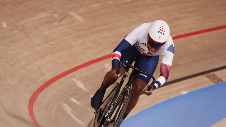 Kadeena Cox of Great Britain competes during Cycling Track women&#39;s C4-5 500m time trial of Tokyo 2020 Summer Paralympic Games at Izu Velodrome in Izu City, Shizuoka Prefecture on August 27, 2021. Kadeena Cox won the event to claim gold medal.