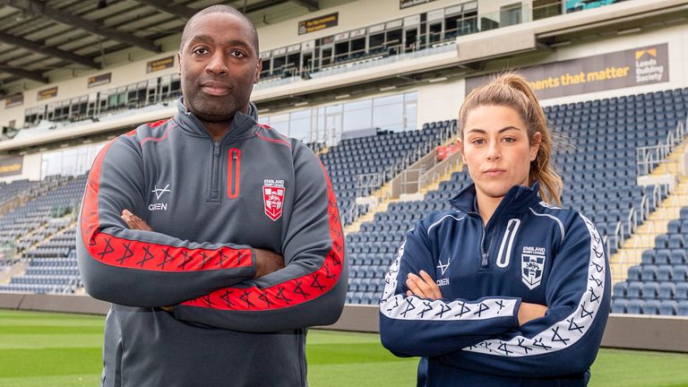 Picture by Will Palmer/SWpix.com - 26/09/2022 - England Women...s Rugby League World Cup Announcement - Headingley Stadium, Leeds, England - England Women...s Head Coach Craig Richards and Captain Emily Rudge after the Rugby League World Cup Squad Announcement