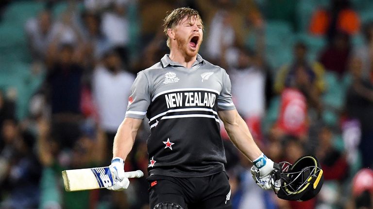 Glenn Phillips of New Zealand celebrates his century against Sri Lanka at the 2022 ICC Men's T20 World Cup (Associated Press)