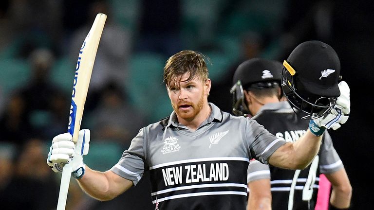 Glenn Phillips of New Zealand celebrates his century against Sri Lanka at the 2022 ICC Men's T20 World Cup (Associated Press)