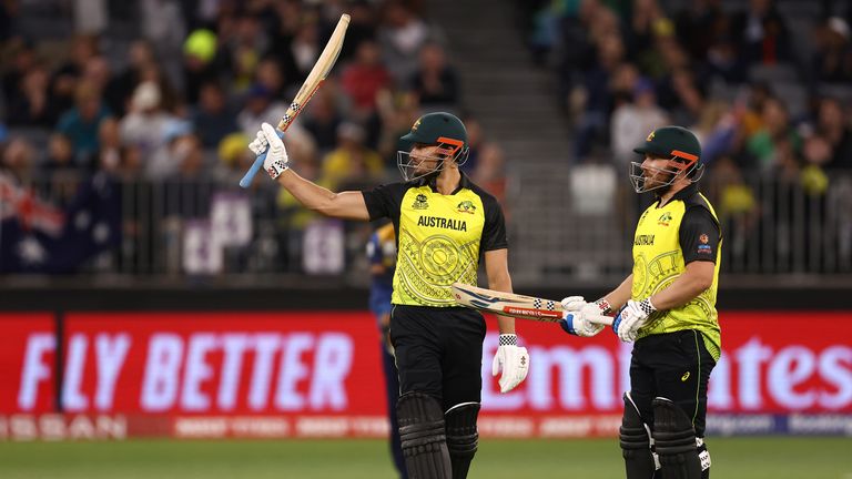 PERTH, AUSTRALIA - OCTOBER 25: Marcus Stoinis of Australia celebrates his half century during the ICC Men&#39;s T20 World Cup match between Australia and Sri Lanka at Perth Stadium on October 25, 2022 in Perth, Australia. (Photo by Paul Kane/Getty Images)