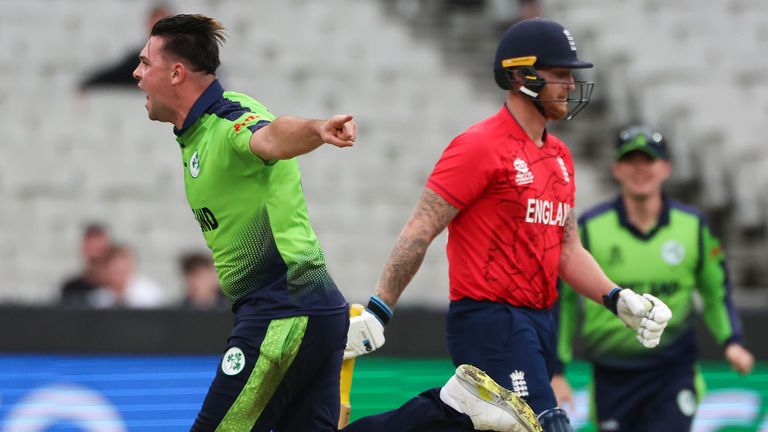 Ireland&#39;s Fionn Hand, left, celebrates after dismissing England&#39;s Ben Stokes, right, during the T20 World Cup cricket match between England and Ireland in Melbourne, Australia, Wednesday, Oct. 26, 2022.