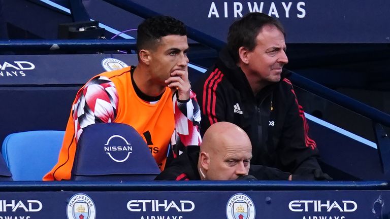 Cristiano Ronaldo looks on from the bench at the Etihad Stadium