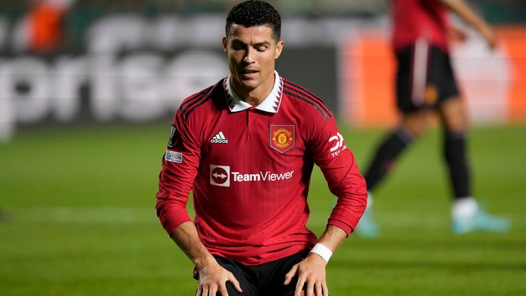 Manchester United's Cristiano Ronaldo reacts after a missed scoring opportunity during the Europa League group E soccer match between Omonia and Manchester United at GSP stadium in Nicosia, Cyprus, Thursday, Oct. 6, 2022. (AP Photo/Petros Karadjias)