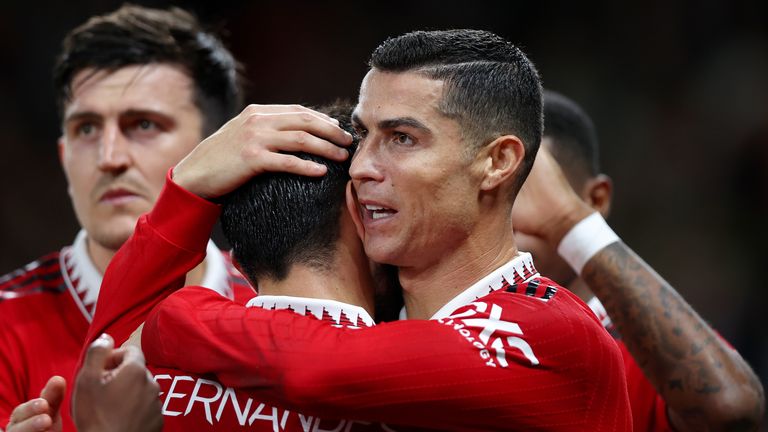 Cristiano Ronaldo celebrates Man Utd's goal against Sheriff Tiraspol