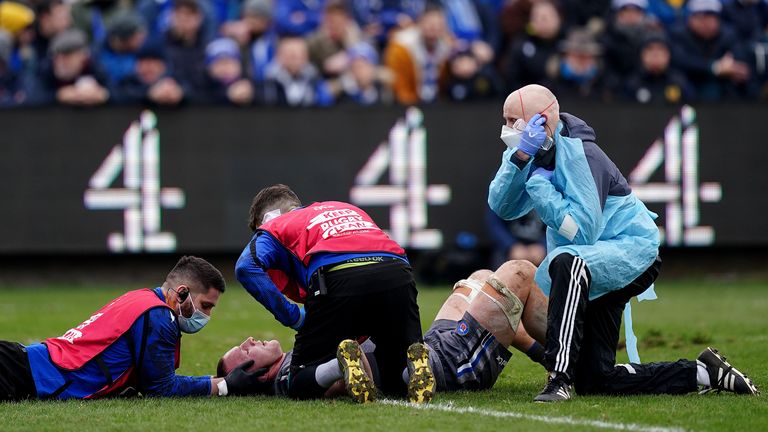 Bath's Sam Underhill receives treatment to a head injury during the Heineken Champions Cup, Pool A match at The Recreation Ground, Bath. Picture date: Saturday January 22, 2022.
